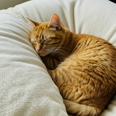 Eine orange getigerte Katze schläft auf einem Kissen